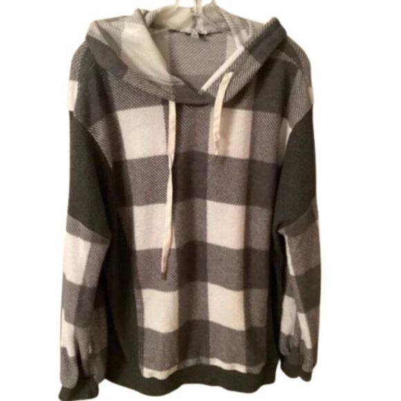 WHITE BIRCH SIZE LARGE GRAY BUFFALO PLAID LIGHTWEIGHT PULLOVER HOODIE SWEATER - Picture 1 of 6